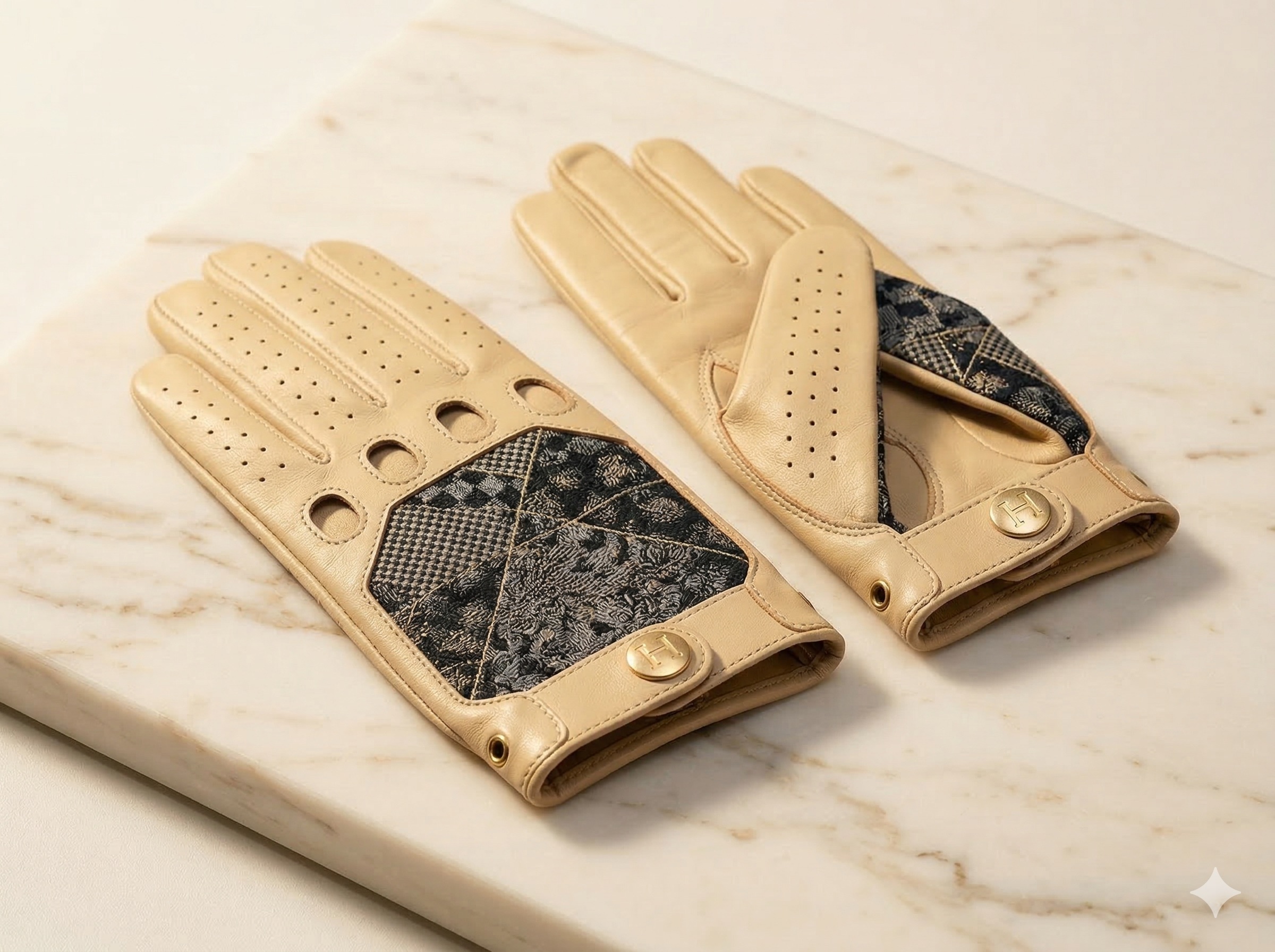 Kinsō Driving Gloves — cream leather, jacquard inserts