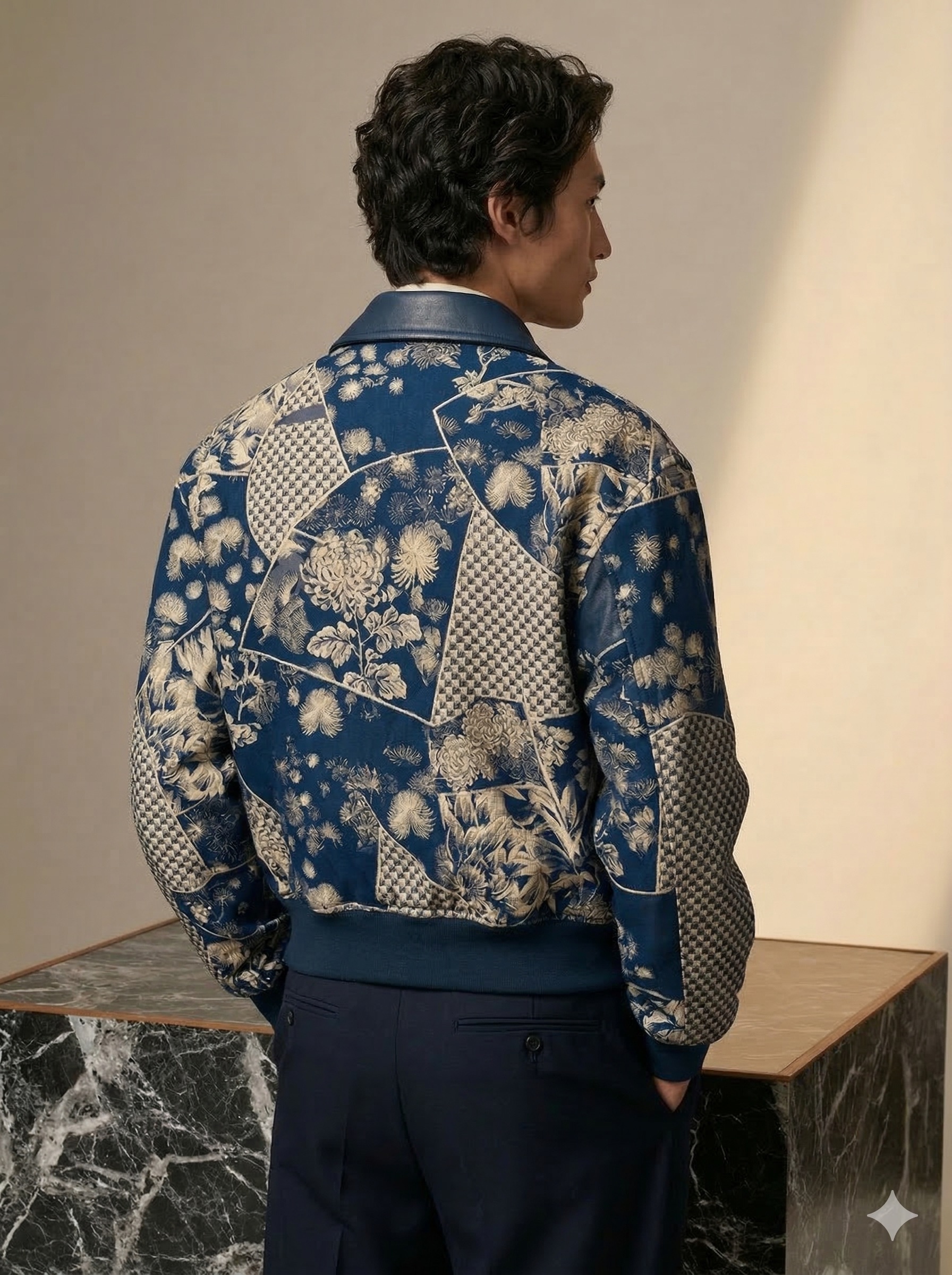 Kinsō Men's Jacket back — full botanical jacquard panel