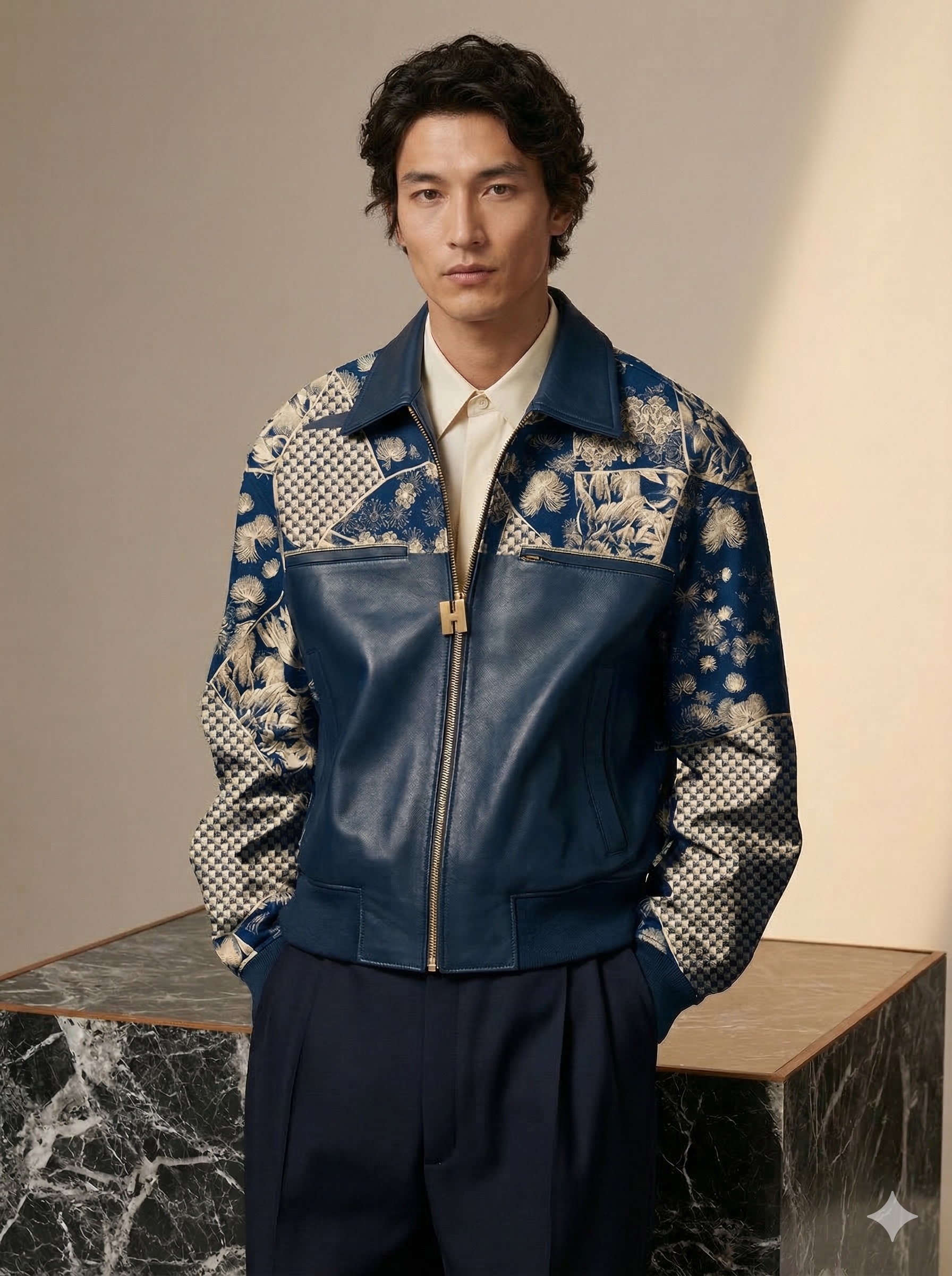 Kinsō Men's Jacket — Aizome Blue leather with botanical jacquard