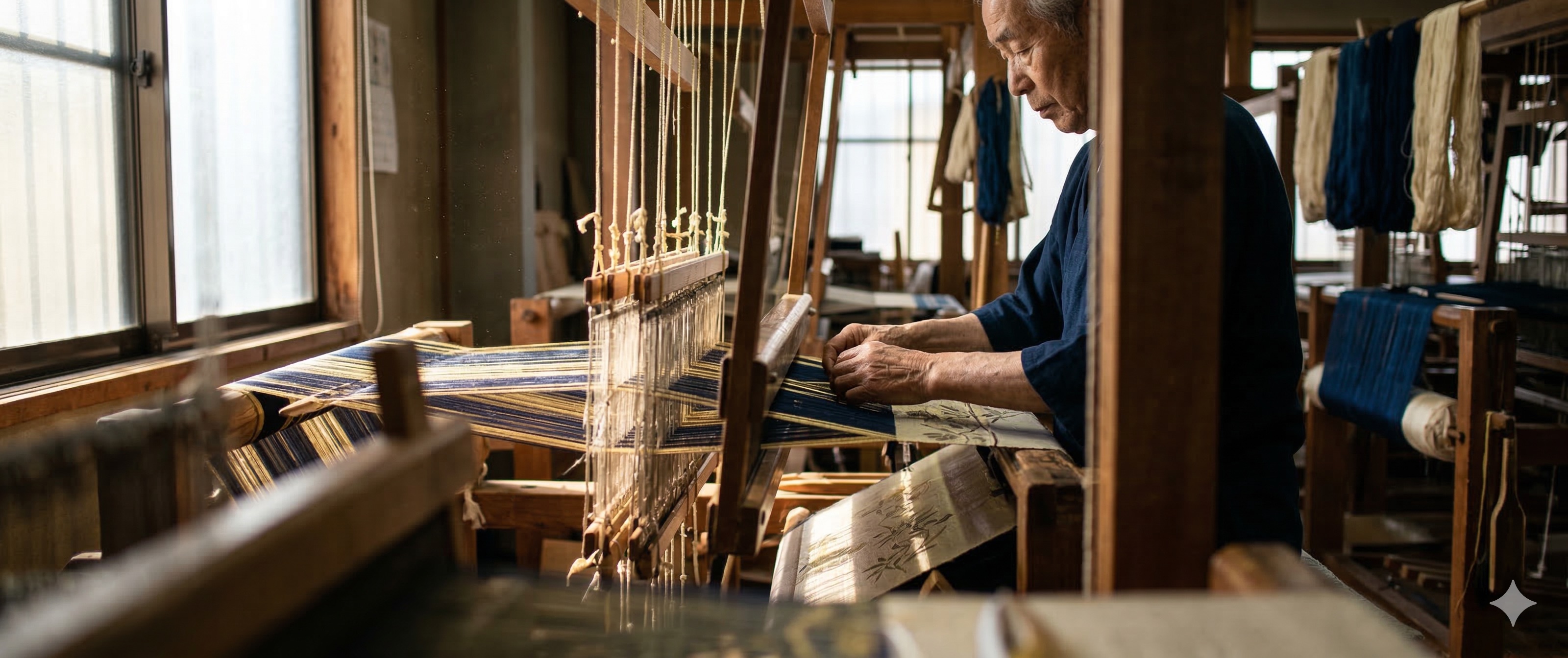 Aizome dyeing — hands wringing indigo fabric, the blue that carries memory