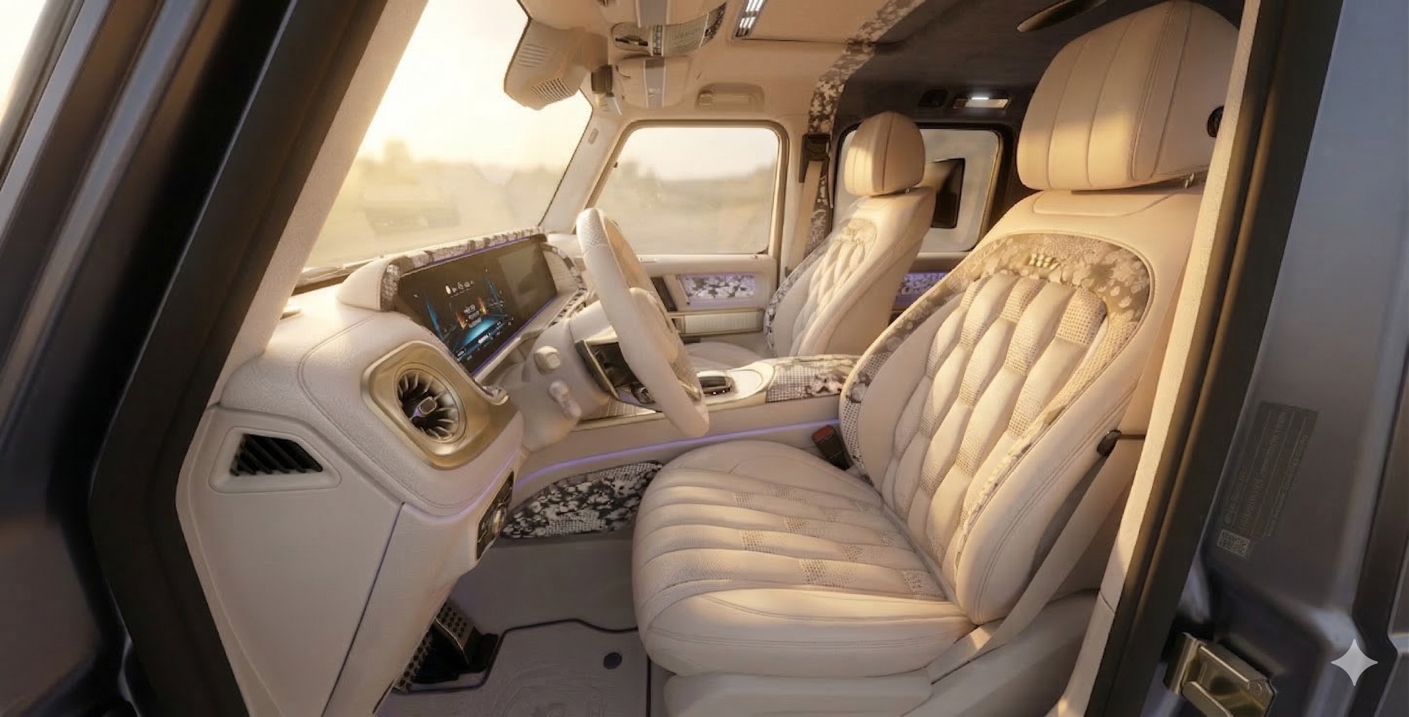 Kinsō interior — cream leather with botanical jacquard inserts