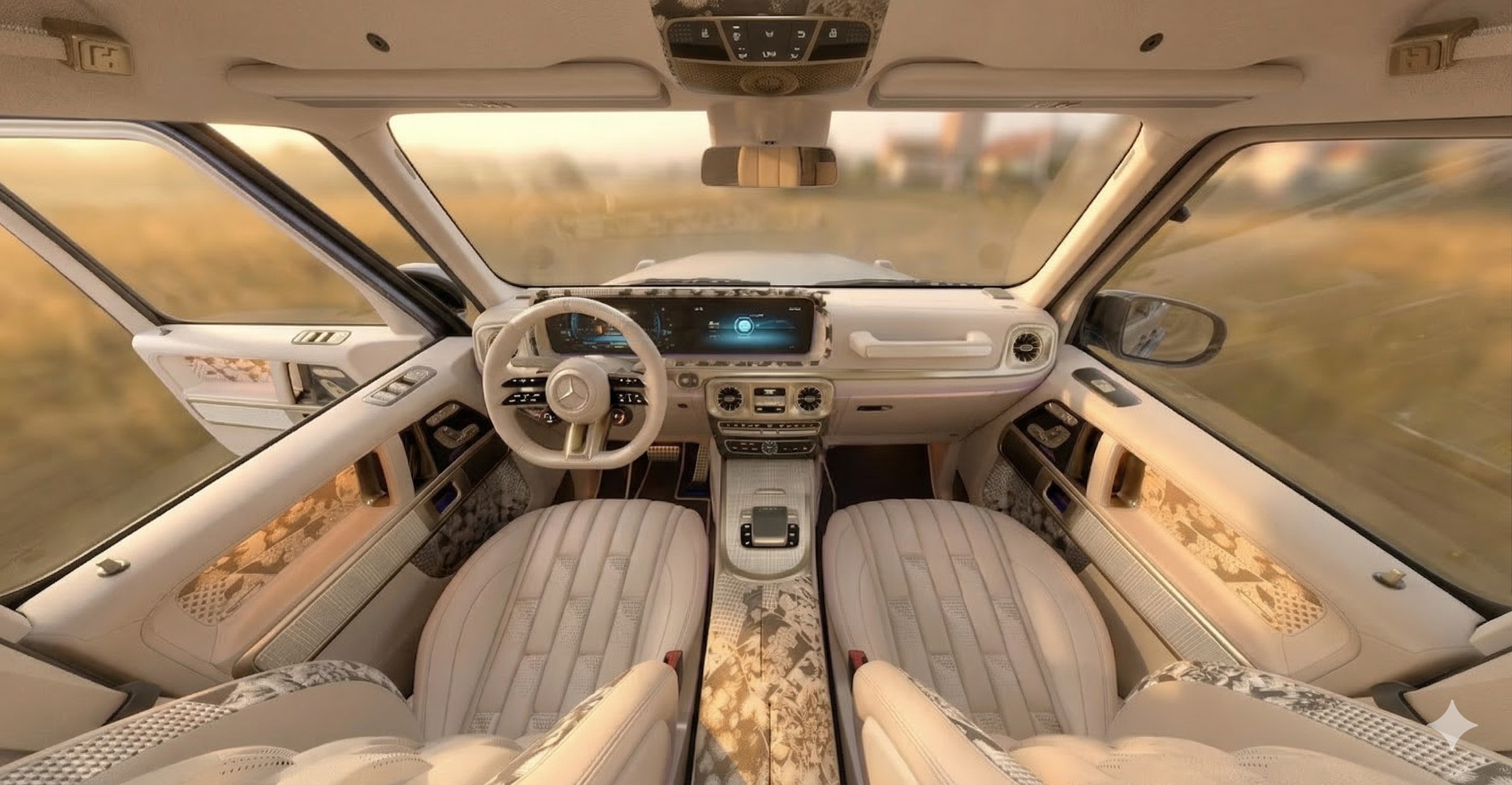 Kinsō rear interior — lounge seats with botanical jacquard headliner