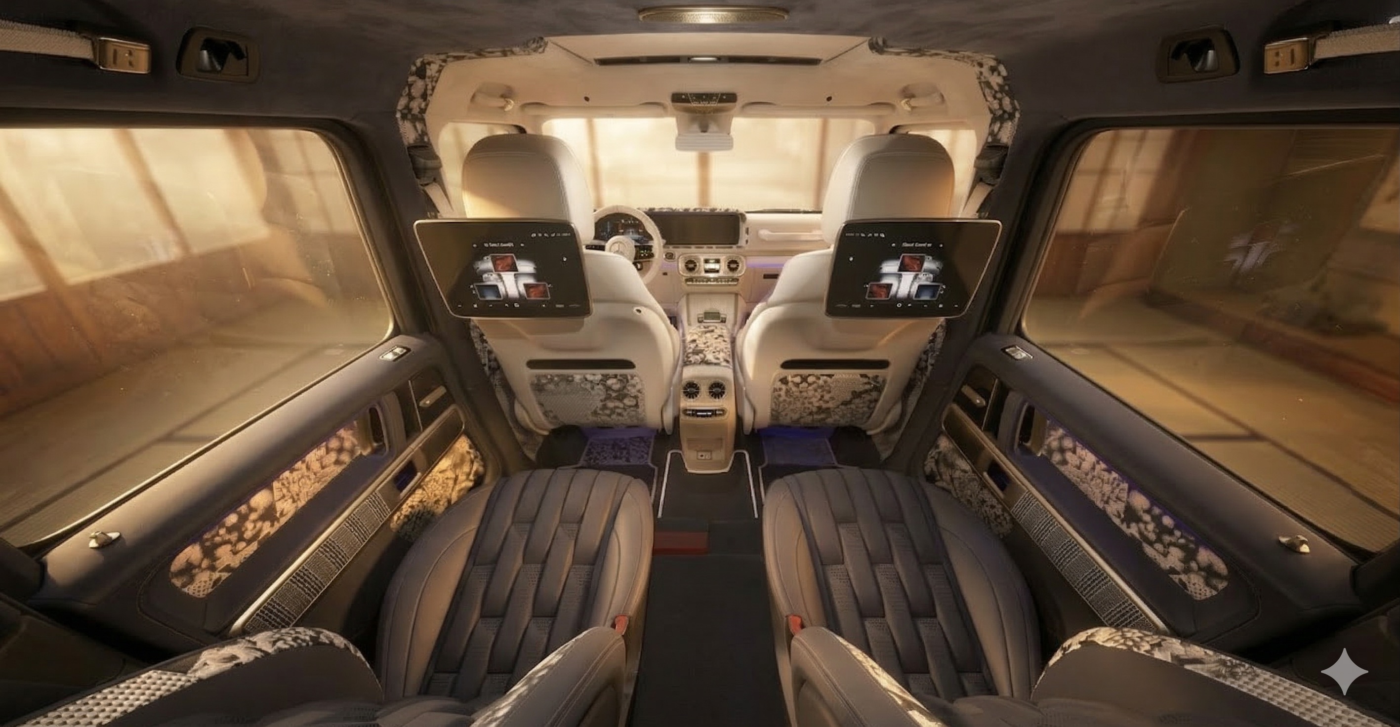 Kinsō rear lounge — botanical jacquard ceiling, ambient light, a room not a seat