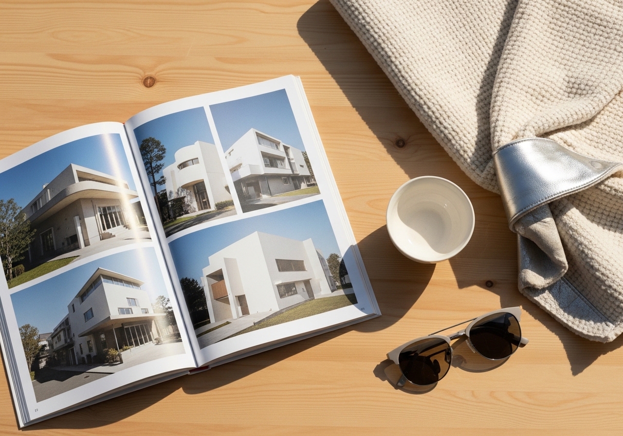 Side-stage lifestyle — bouclé samples, ceramic, olive branch on linen