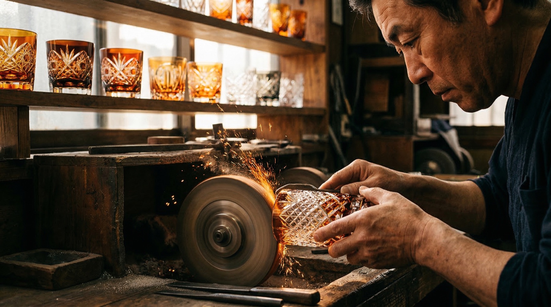 Edo Kiriko craftsman cutting crystal patterns