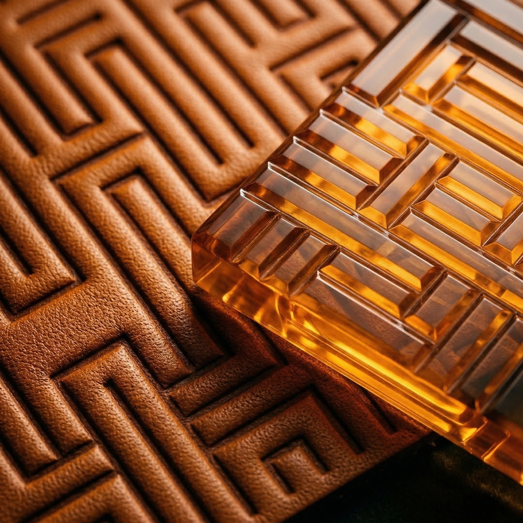 H-pattern leather and crystal resin detail — geometric precision