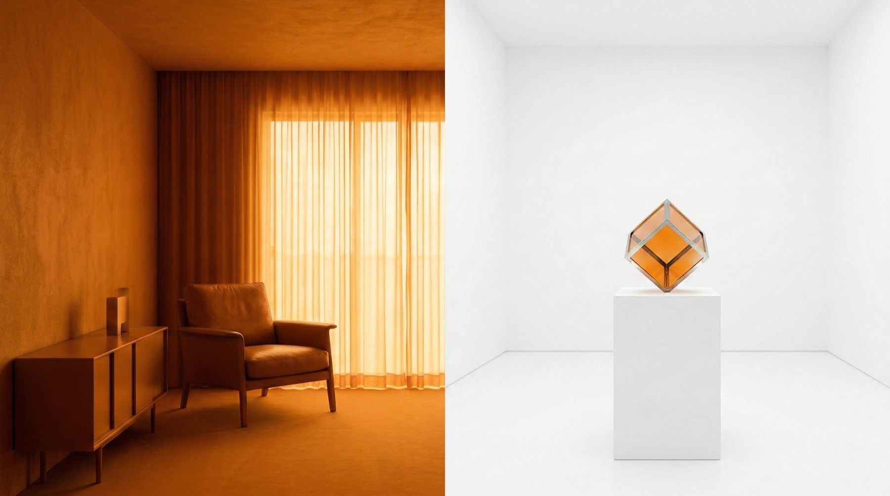 Split image — amber room and white gallery with crystal cube, the two expressions of Tokyo