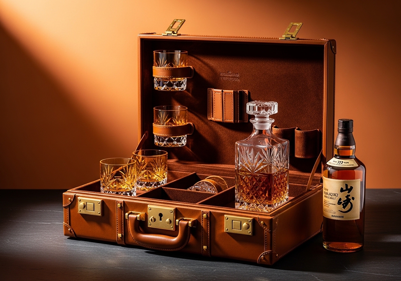 Tokyo Crystal Travel Case — cognac leather trunk with Kiriko glasses and Japanese whisky
