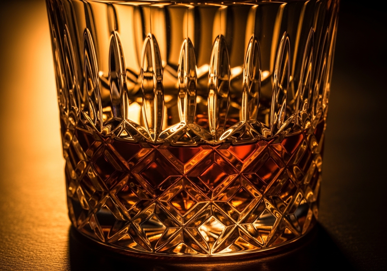 Edo Kiriko crystal detail — geometric diamond cuts refracting amber light