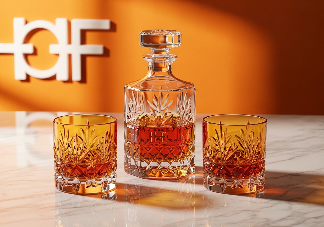 Tokyo Crystal Set — Edo Kiriko whisky tumblers and decanter on marble