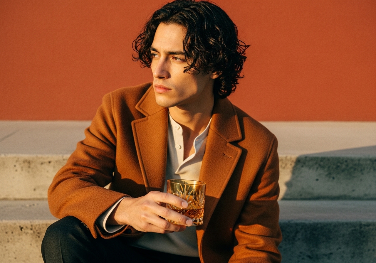 Tokyo lifestyle — man in burnt-orange coat with Kiriko glass, color blocking