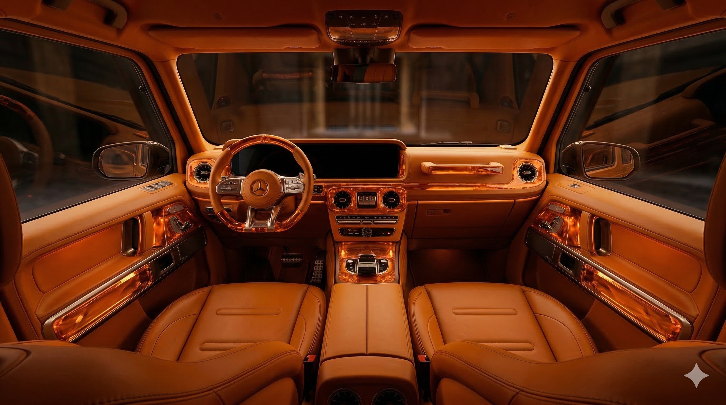 HOF Tokyo — Expression I interior, full deep amber leather with crystal resin accents glowing throughout
