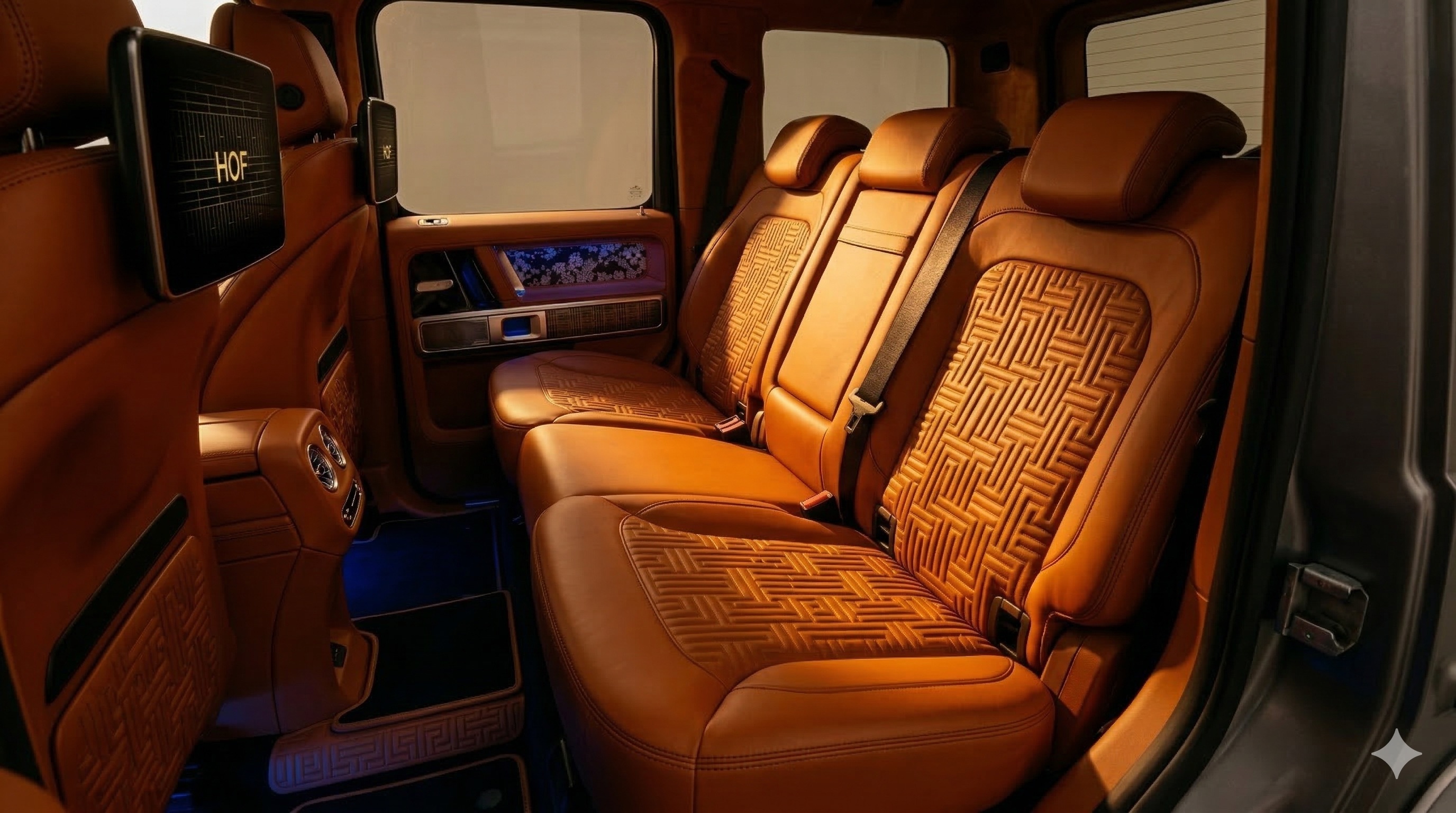 HOF Tokyo — rear bench with H-pattern embossing in deep amber leather, dual HOF screens