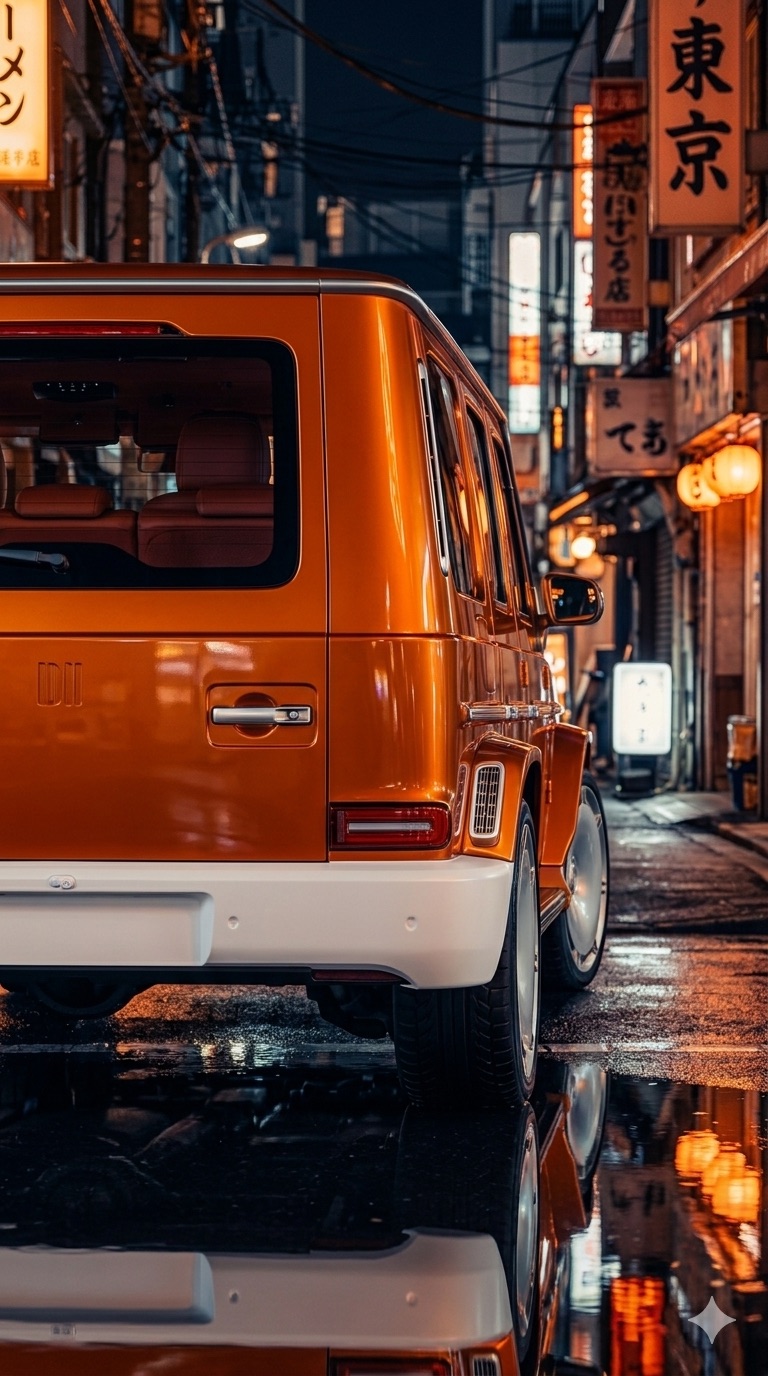 HOF Tokyo — orange rear detail in Tokyo alley at night with neon reflections